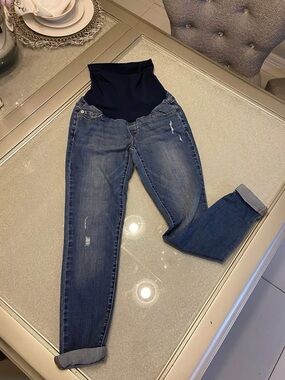 Maternity Boyfriend Jeans with Navy Support Panel - Blue Size 26